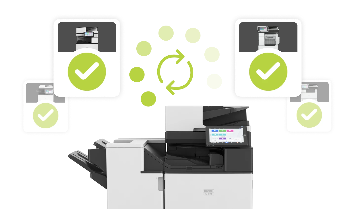 Diagram showing how Ricoh's Always Current Technology ensures all printers have the latest software updates.