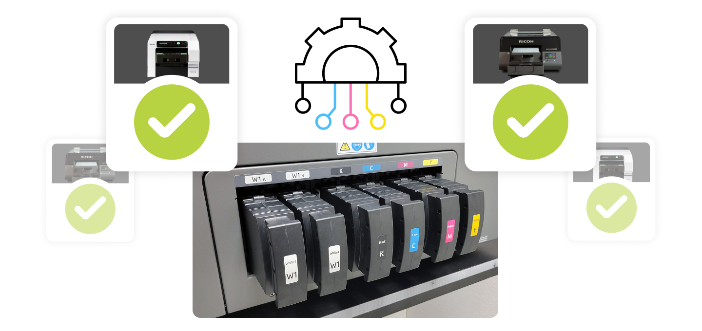 A composite image illustrating printer compatibility. The main photo is a close-up of a row of CMYK and white ink cartridges inside a printer. Layered in the background are four smaller images of different printer models, each with a green checkmark, and a central gear icon with colored lines, symbolizing a connected system.