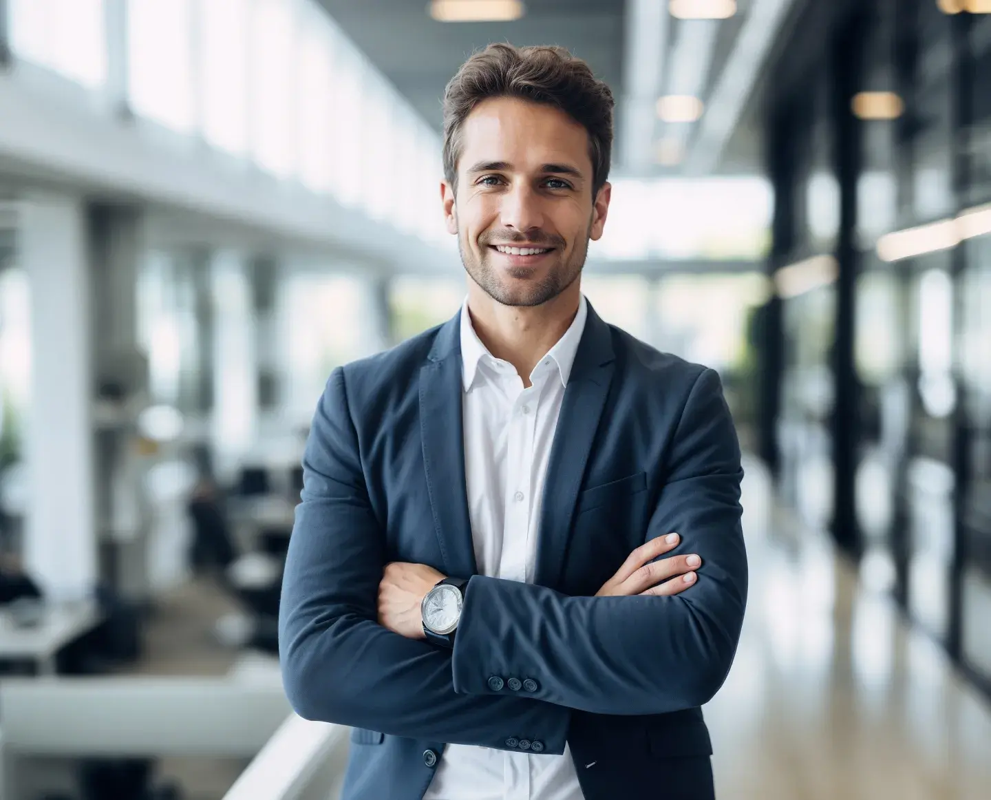 A happy businessman poses in an office, symbolizing achievement and a proactive approach to business challenges