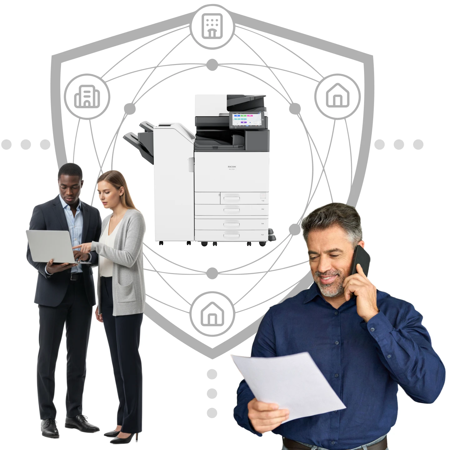 Three office workers using a laptop and phone around an office printer within a shield graphic showing secure connectivity.