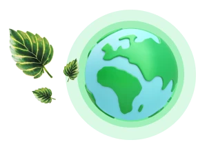 A simplified illustration of Earth, predominantly green for landmasses and blue for oceans, is surrounded by three concentric green rings, indicating an aura or connection. To the left of the Earth, three green leaves of varying sizes are depicted, suggesting nature or growth.